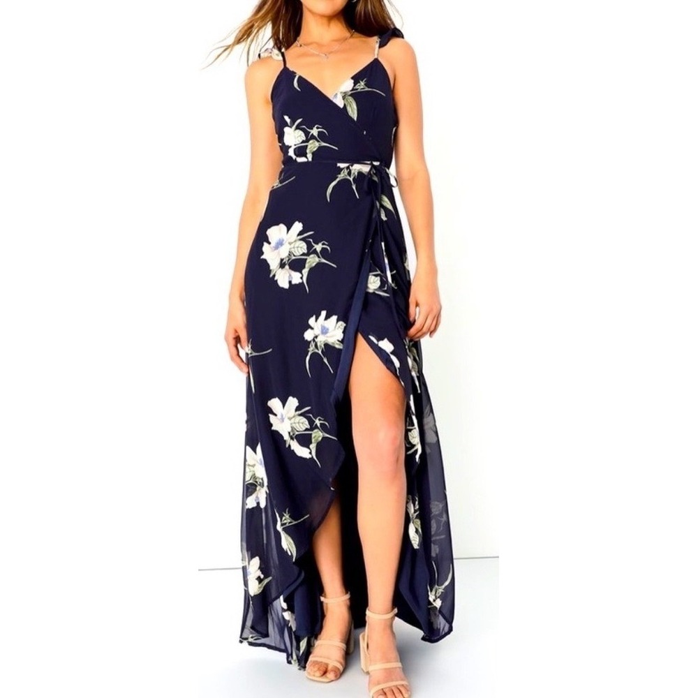Lulus‎ Navy Floral Print Maxi Dress Wrap Slit Ruffle Strap Size Small